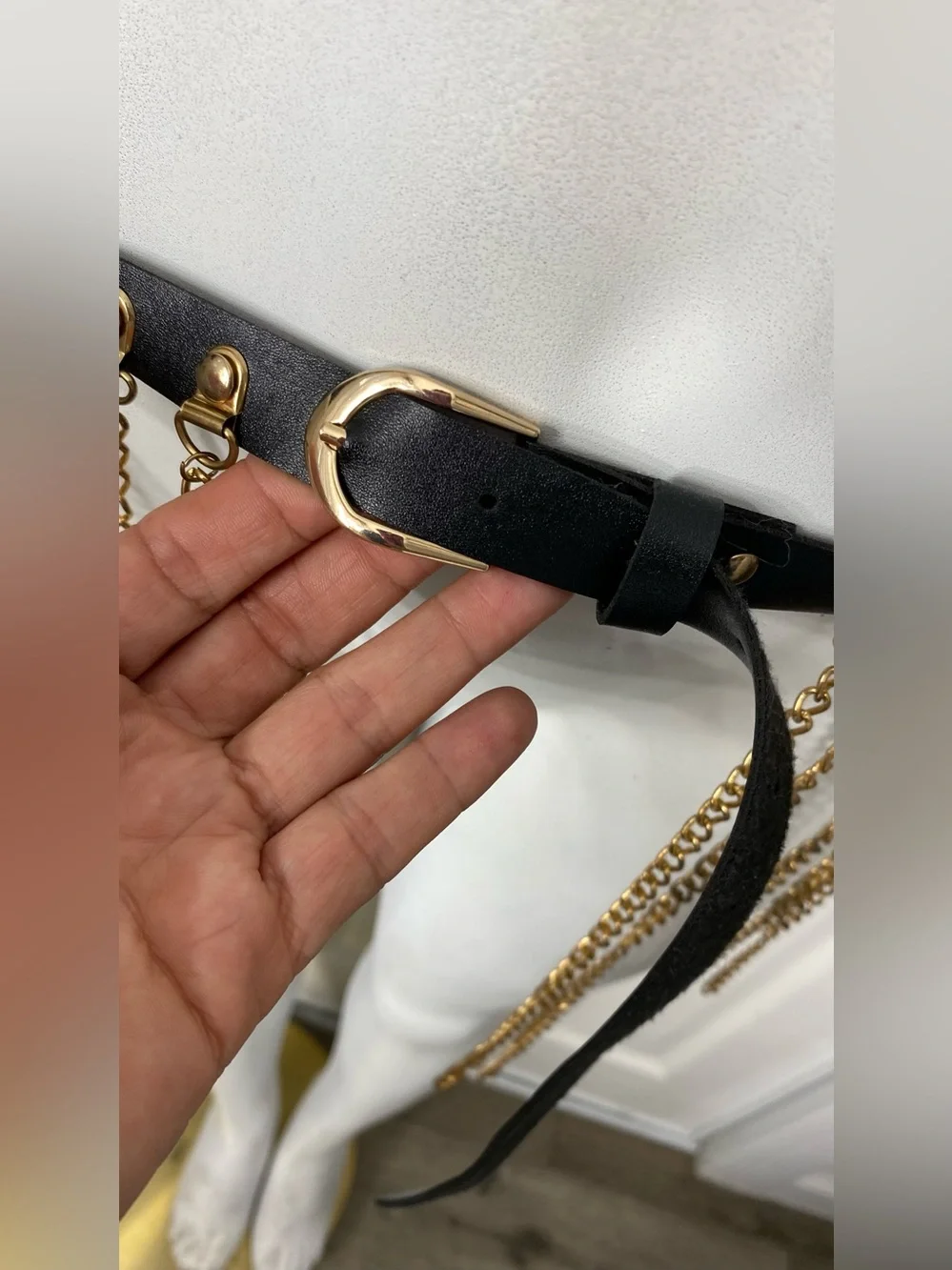 Black Leather Belt with Gold Chain Fringe - Picture 5 of 8